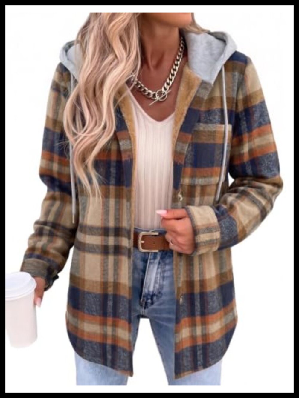 Plaid Fleece Hooded Shacket Button Down Winter Coat Warm Jacket